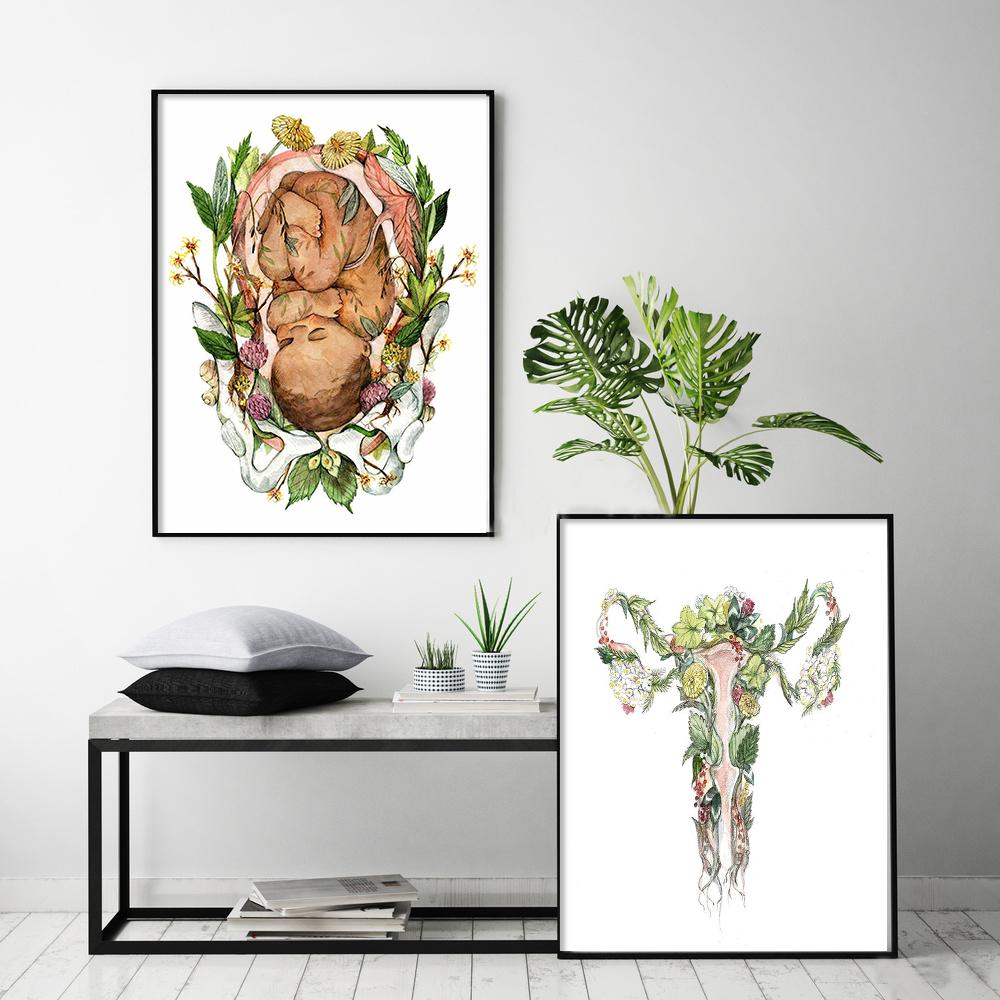 Bebek Posterleri Anatomi ve Bitki Boyama Vajinal Vulva Çiçekleri Bitki Kanvas Tablo Baskılı Resimler