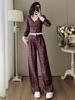 Autumn 2025 Women's Retro Plaid V-Neck Top with Wide-Leg Pants Suit