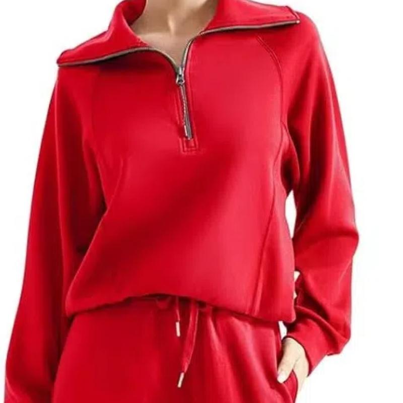 Women's 2 Piece Outfits Casual Lapel Half Zip Sweatshirts And Wide Leg Pants Tracksuit Sets