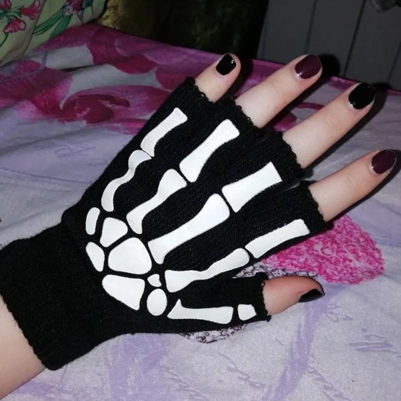 5-11 Years Unisex Halloween Skull Baby Gloves Punk Skeleton Half Finger Glove Cosplay Non-slip Wrist Children Stretch Mittens