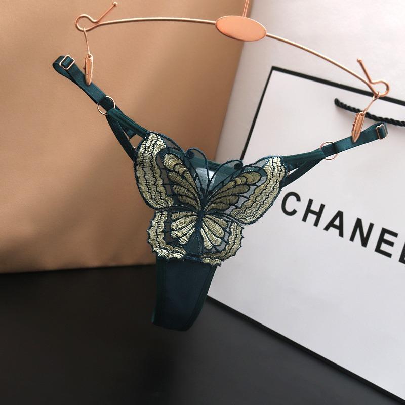 New Sexy Transparent Lace Underwear with Female Charm, Butterfly Embroidery, Low Waist Adjustable, Hot European and American Tho