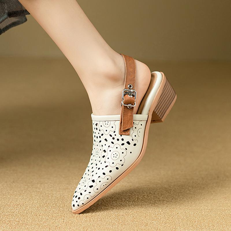 Summer Women Sandals Genuine Leather Shoes for Women Cover Toe Chunky Heel Shoes Pointed Toe Slingback Sandals Gladiator Shoes