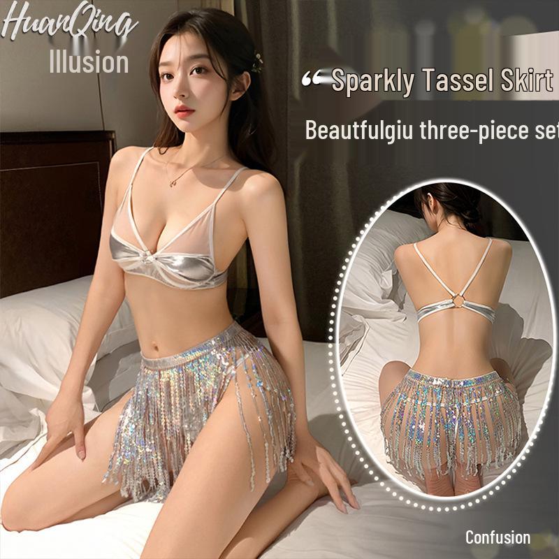 Illusion Nightclub Sequin Tassel Mini Skirt & Split Halter Lingerie 3-Piece Set