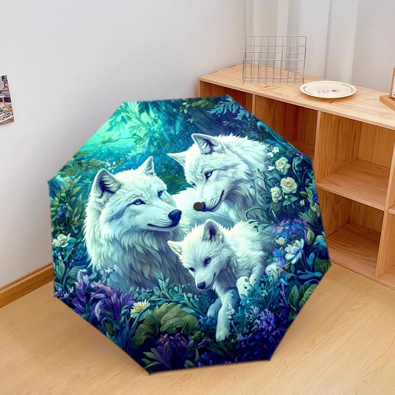 1 PC Automatic Folding Umbrella - Wolf Family Pattern, Portable & Foldable Design with 8 Ribs, Christmas Birthday Gifts