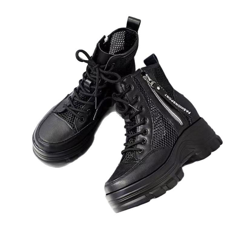 Dámské martensky Letní nový styl Kožené síťované kotníkové boty se skrytým klínkem Prodyšné Dírkované Peep boty