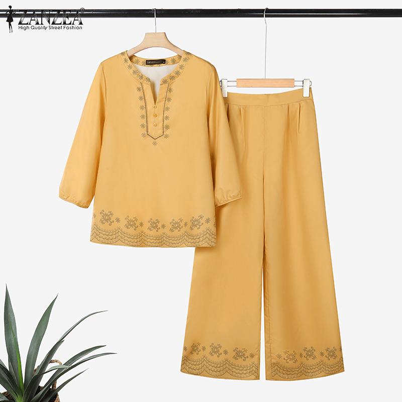 ZANZEA Women Long Sleeve Print Blouse and Pants Casual Two Piece Suit Sets