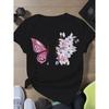 European Size Women's   Pink Butterfly & Floral Print T-Shirt - Relaxed Fit Lightweight Breathable Summer Top with Slight Stretch for Running