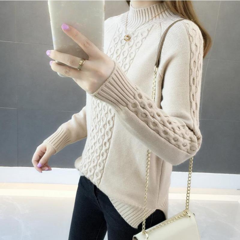 Pletený svetr pro ženy s polovičním vysokým límcem, volný svetr, svetr se středním límcem, pulovr, podzimní a zimní móda, podzimní a zimní top