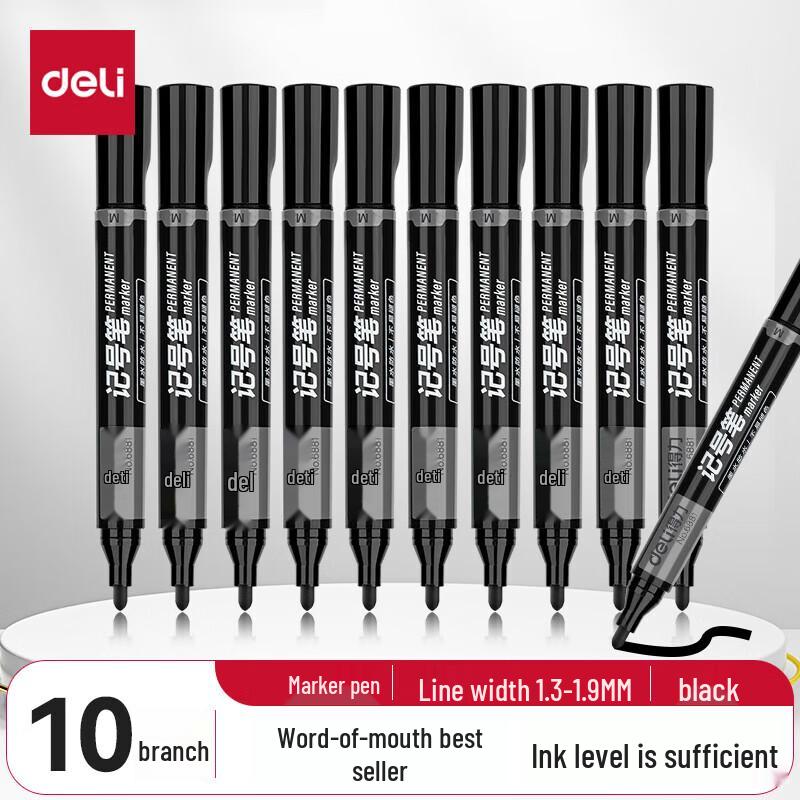 Deli Black Broad Tip Oily Marker Pens (10-Pack)