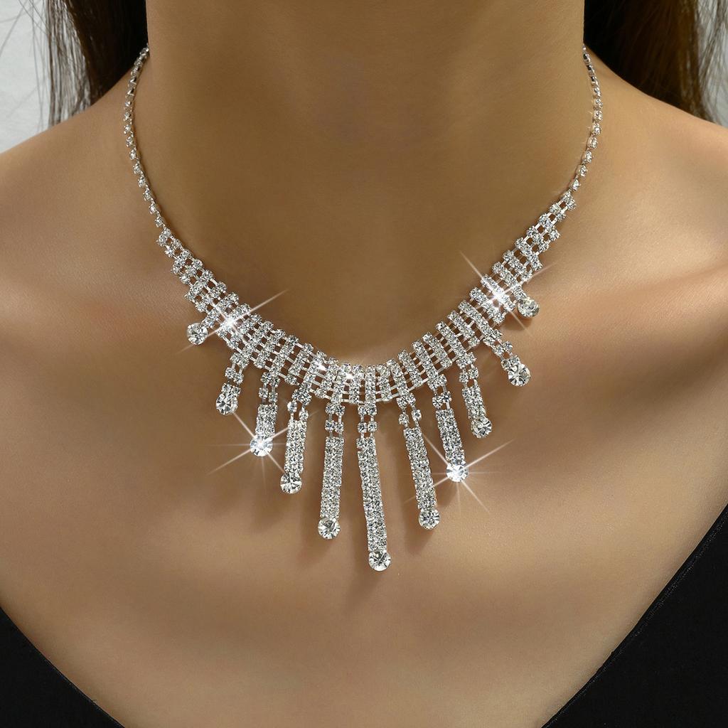 Women Chain Crystal Tassel Earrings Necklace Jewelry Set Wedding Banquet Party Holiday Gift