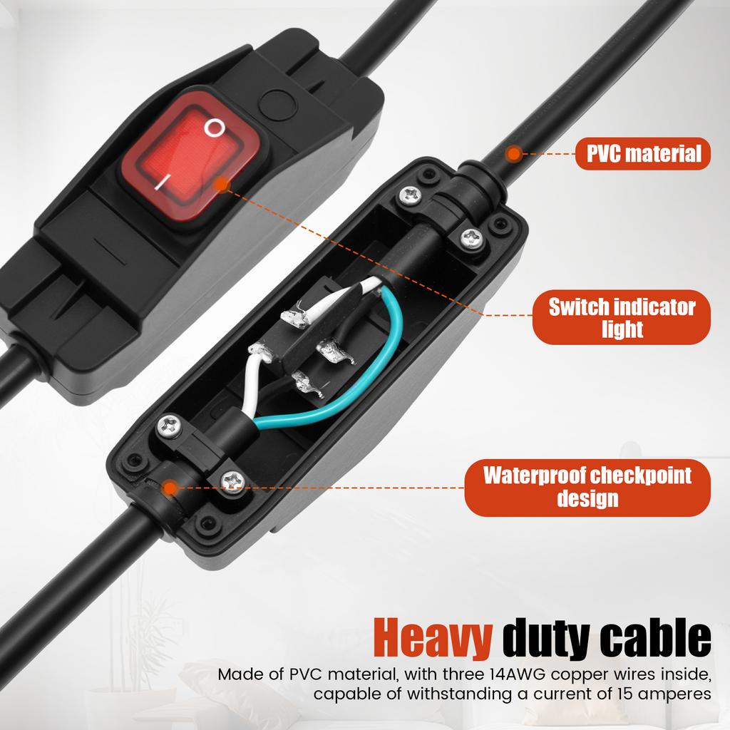 IP65 Waterproof Inline Cord Switch 15A 125V with On/Off Capability and LED Indicator Compatible with Electrical Appliances