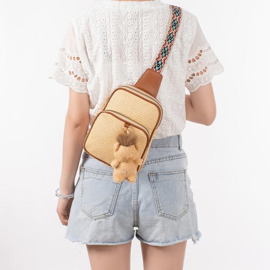 Women Crossbody Pack Straw Woven Chest Bag with Ethnic Strap Boho Shoulder Bag Crossbody Purse for Travel Vacation Street
