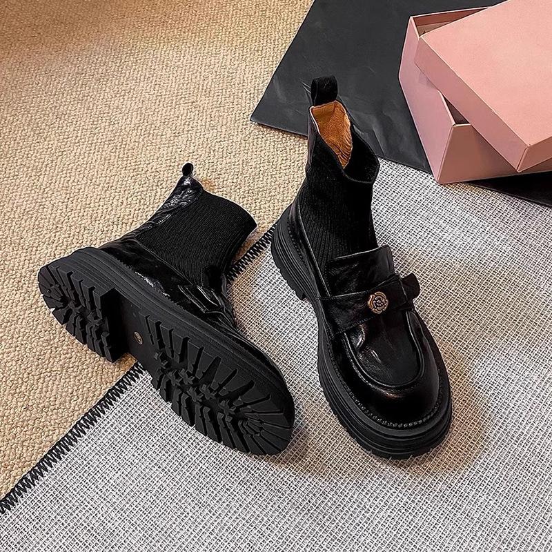 Cowhide Version~ Xiaoxiangfeng Camellia Leather Knitted Elastic Socks Boots Women's Thin Boots Retro Thick-soled British Short Boots