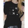Women's 100% Cotton Graphic T-Shirt - Airplane & Heart Design, Casual Round Neck Short Sleeve Tee, Lightweight & Breathable for Summer, Running
