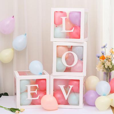 4 Pcs Balloon Box DIY Assembly Transparent Paper Box Balloon Box with Letters Reusable Stackable Cube Decorative Box for Party Wedding Birthday