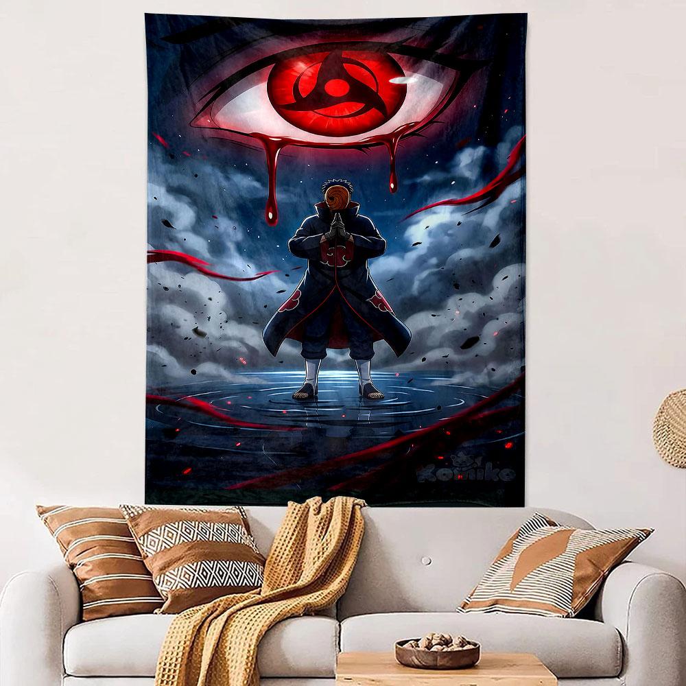 Naruto Obito Anime Wall Tapestry Giant Red Sharingan Eye Akatsuki Cloak Rain Scene Decor for Bedroom Dorm Game Room Gift