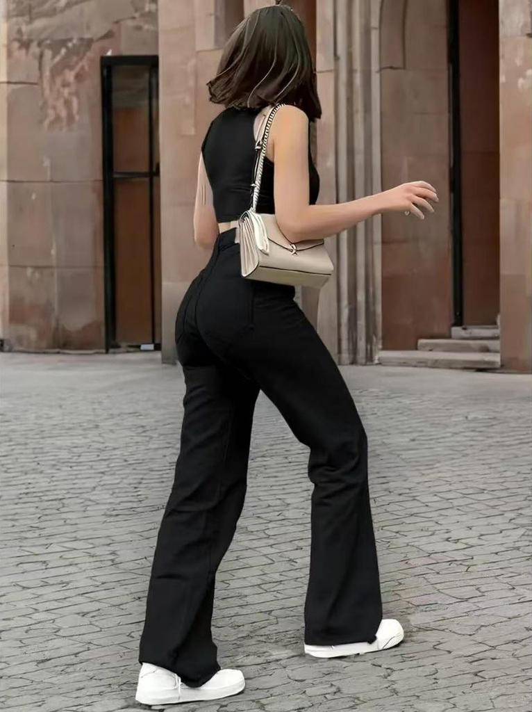 Black Washed Elastic Straight-Leg Women's Jeans