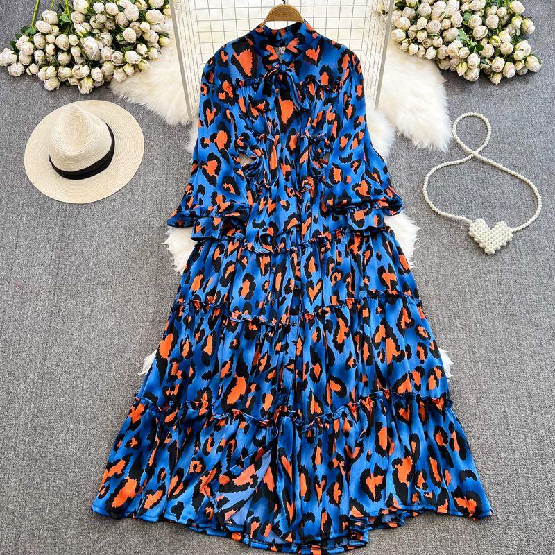 

Accessible Luxury Long Sleeves Dress Elegance Bows Shoelace Yellow Print at the end of dark blue One size