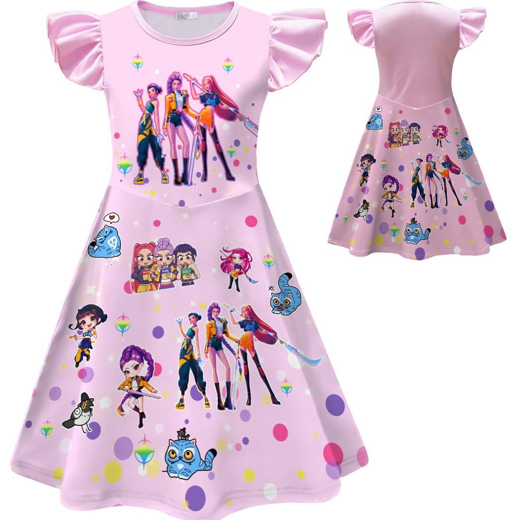 Kinder Mädchen Anime Cartoon K-Pop Dämonenjäger Aufdruck Rüschenärmel O-Ausschnitt Freizeitkleid Halloween Cosplay Kostüme
