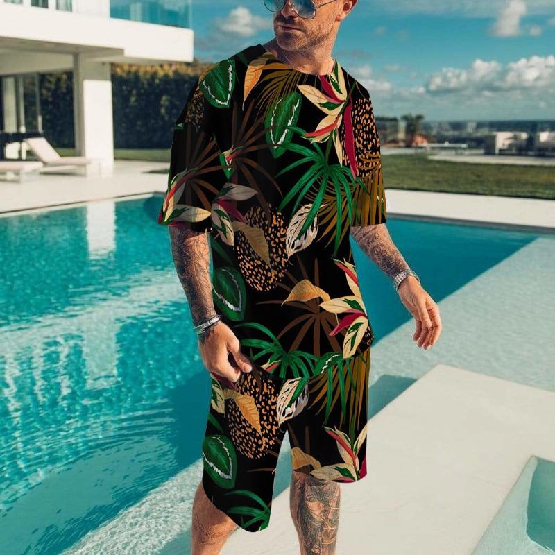 Men's Hawaiian Full Print Suit Casual T-shirt Beach Pants Suit