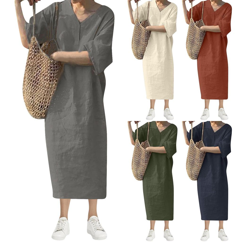 Ladies Summer New Fashion Casual Loose Short Sleeve V-neck Color Long Vest Dress