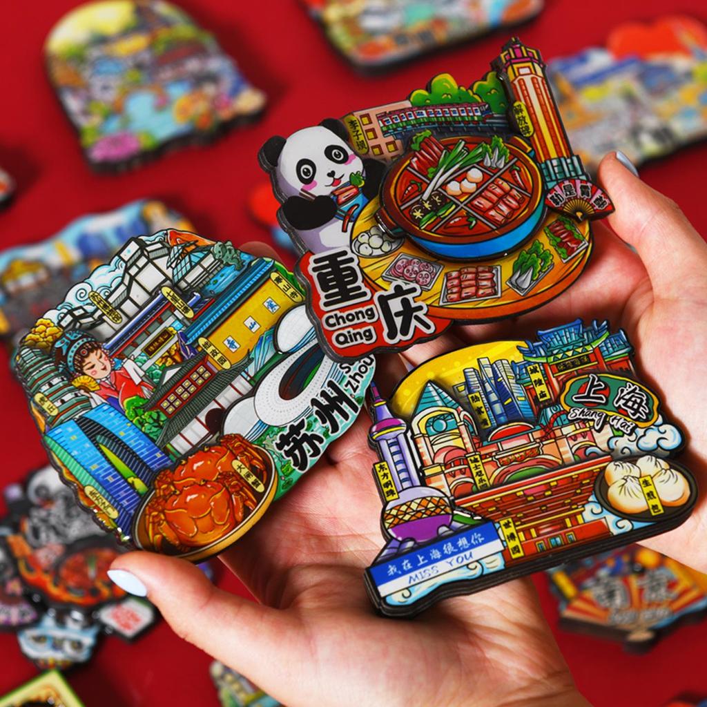 Chinese Ethnic Figures Wooden Magnets - Cultural Souvenir Stickers