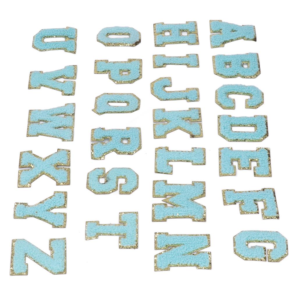 26 Pcs Iron On Letters A To Z Blue Letters Gold Glitter Border Clothing Sewing Embroidery Iron Patches Decorations
