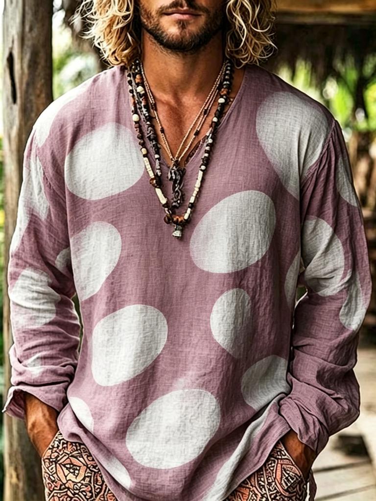 European and American men's bohemian resort style V-neck fashionable long-sleeved shirt is the first choice for men's inner wear