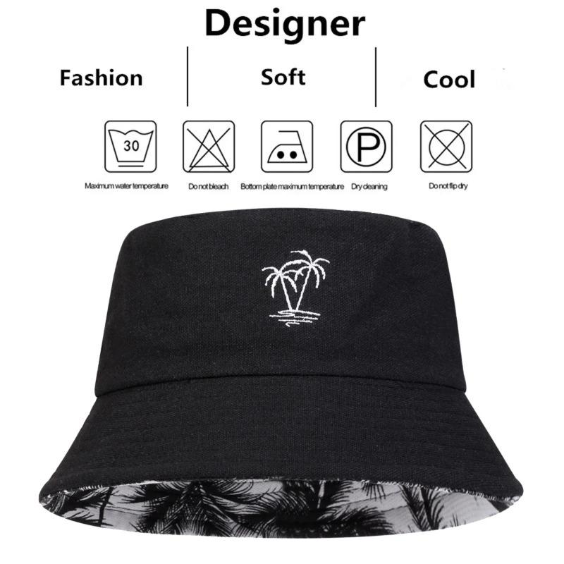 Unisex Coconut Tree Embroidery Double Sided Wearing Bucket Hats Fishermen Caps Outdoor Casual Cap