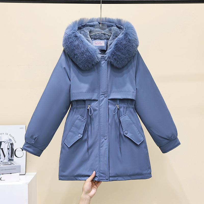 Daunenjacke mit Fleece-Futter und Kapuze, Wintermantel für Damen, warm, gepolstert, Parkas mit Kordelzug, koreanische Casual Streetwear, Puffer-Oberbekleidung für Damen