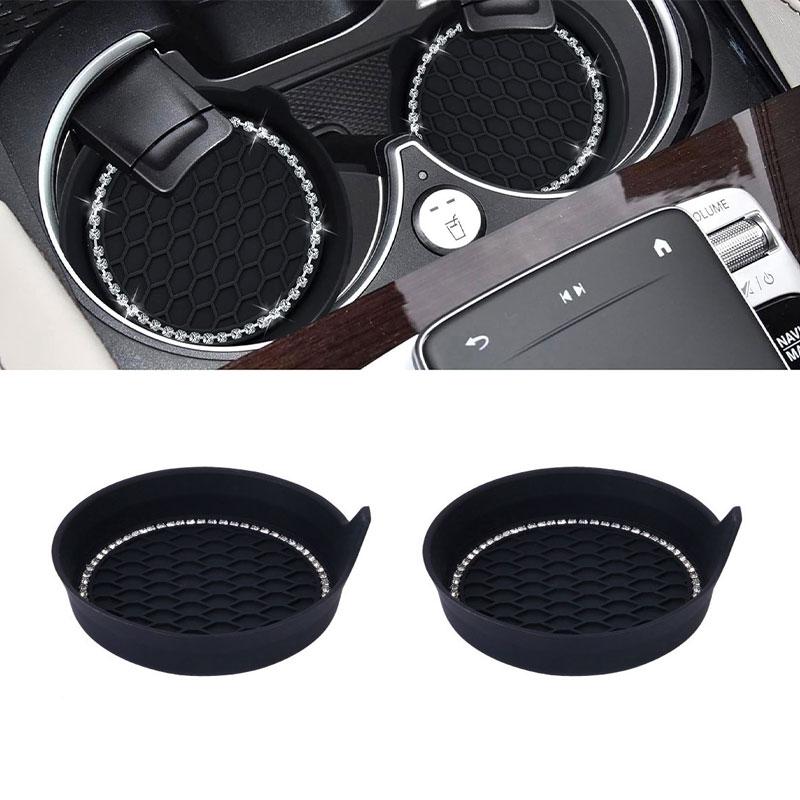 2/4pcs Car Cup Holder Coaster Silicone Cup Holder With Bling Crystal Rhinestone Insert Non-Slip Cup Holders Silent Cup Pad