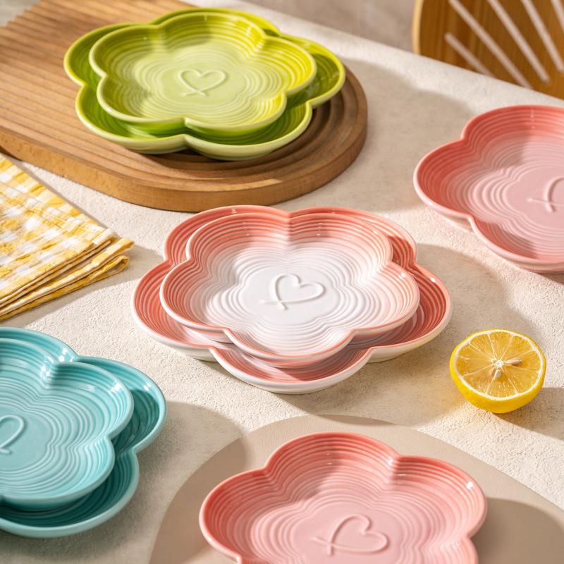 High Temperature Underglaze Ceramic Dinner Plate Gradient Color French Dessert Plate Home Fruit Plate Floral Design