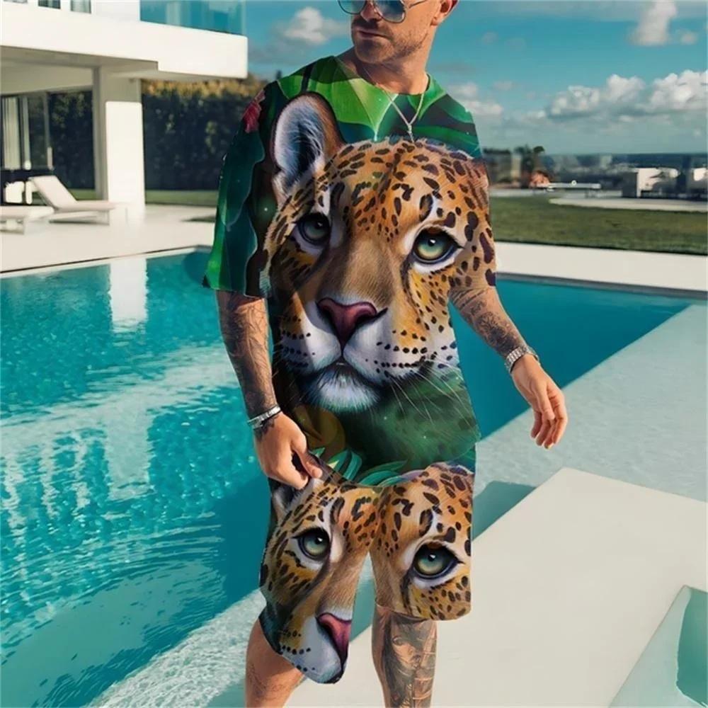 Men's Casual Sports Set Short Sleeve and Shorts Two-Piece Fashion Geometric Pattern Summer Daily Wear Comfortable Breathable