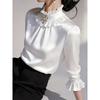 Women ruffled stand collar satin three quarter sleeve shirt multi color slim fit rhinestone pearl brooch office elegant blouse