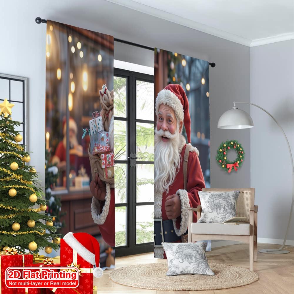 2pcs 2D Flat Printing Merry Christmas Popular Window Curtains Santa Claus Gifts Festive Joy 100% Polyester Without Electricity