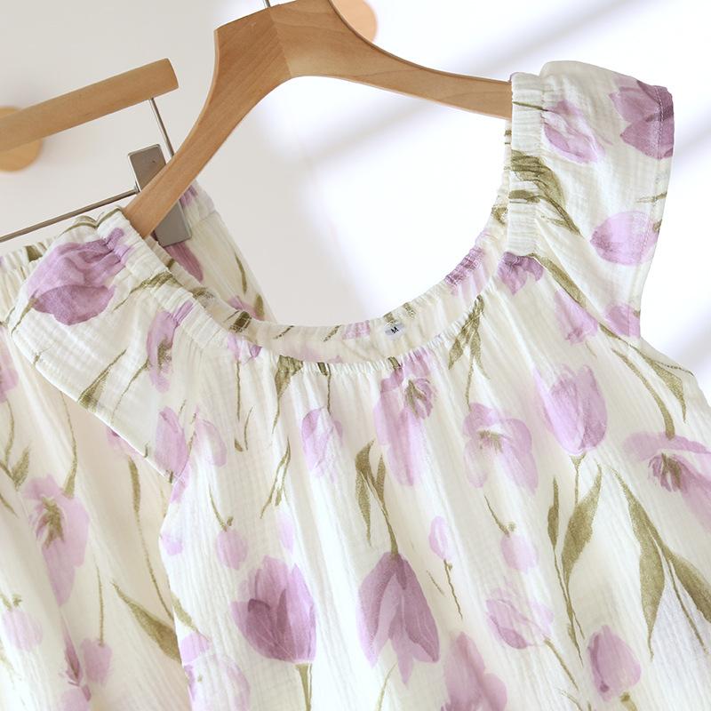 Conjunto de Pijama Feminino Novo de Verão 2026 100% Algodão Crepe Camiseta+Shorts Conjunto de Duas Peças Solto para Casa Roupa de Dormir Feminina