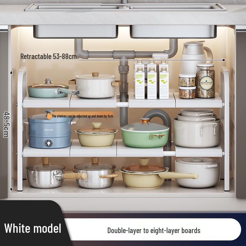 Rozšiřitelný kuchyňský úložný regál: Podumyvadlová police na organizér na nádobí