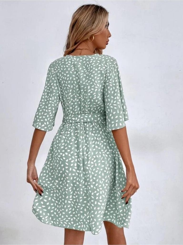 V Neck Printingt Dress Waist Hugging Dress Elegant Short Sleeve Dresses Causal Women Dress