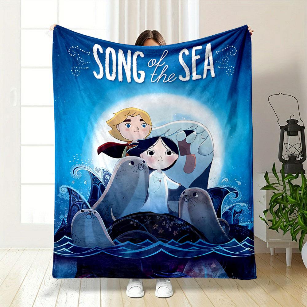 Two Kids Surrounded by Seals and Waves, Under a Glowing Circular Light. for All Seasons Blanket Lunch Break Throw Gift