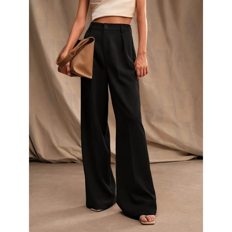 

Women Black High Waist Wide Leg Pants Pleated Front Casual Office Trousers S чорний