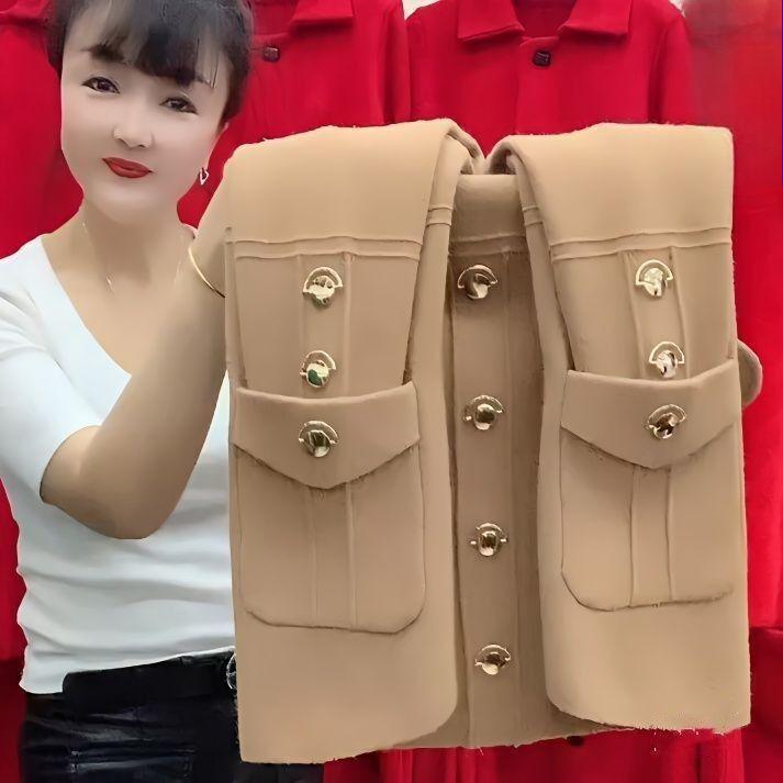 Herbst Winter Damen Locker Geschnittene Wolljacke Damen Langärmelige Oberbekleidung Mutter Große Größe 5XL Beidseitig Kurze Oberteile Mantel
