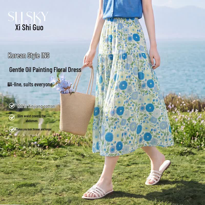 French Style Floral A-Line Midi Skirt M