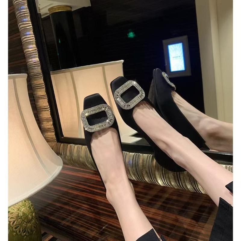 Diamond buckle exquisite small square head satin light mouth thick heel Mary Jane shoes flat single shoes women