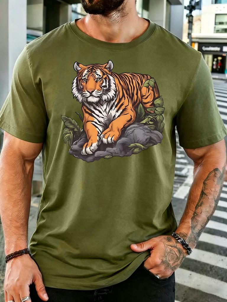 Wild Tiger On Rock Jungle Leaves Graphic Unisexs Short Sleeve Crew Neck Cotton T Shirt Vintage Animal Print Male Nature Casual Top