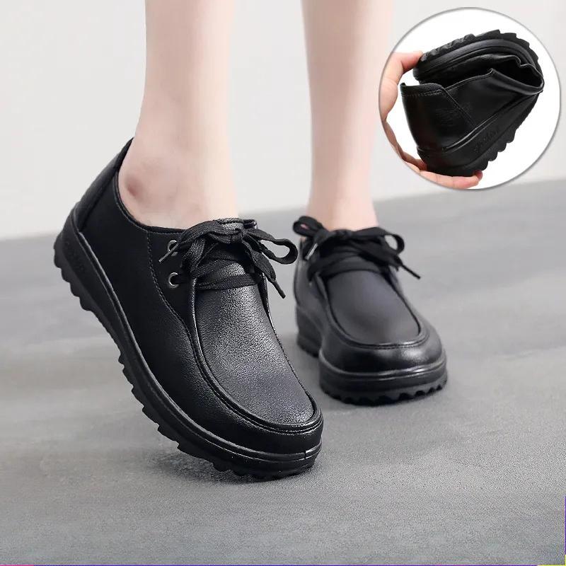 Non-slip Work Shoes, Women's Black Leather Shoes, Comfortable Mother Shoes, Single Shoes, Flat Shoes
