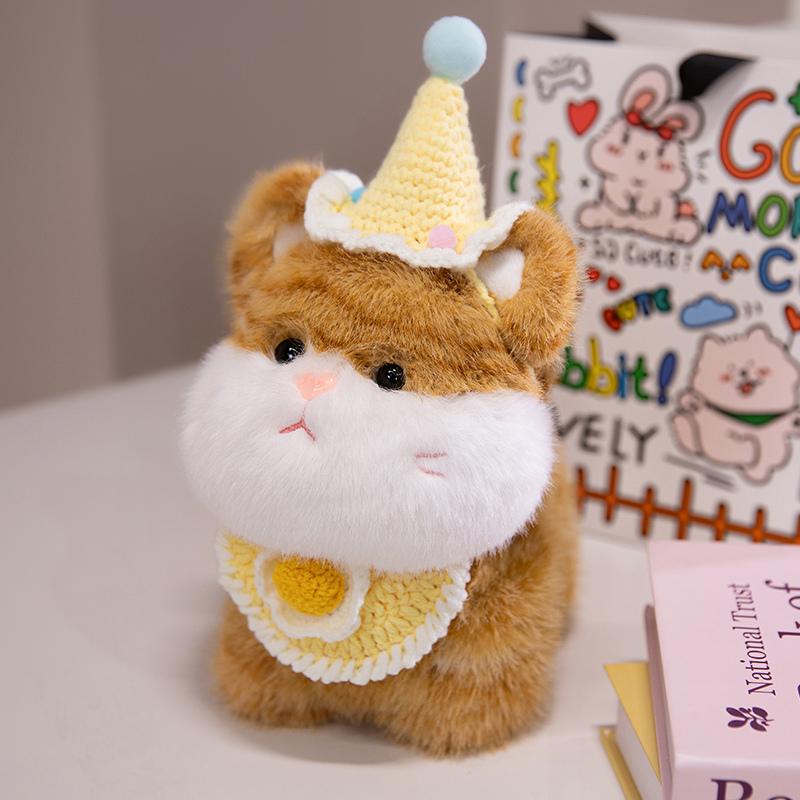 Cute Big Face Cat With Birthday Hat Fruit Cake Snack Bib Decor Kawaii Grey Orange Cats Kittens Plushie For Kids Birthday Gift