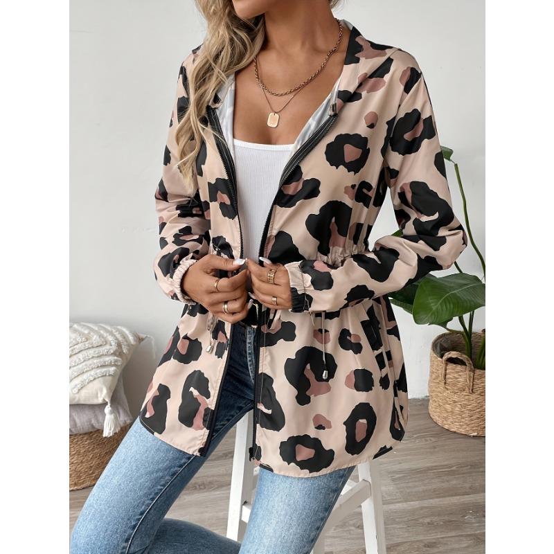 Women'S Casual Leopard Print Zip-Up Jacket - 100% Polyester Hooded Midi Length with Long Sleeves for Spring/Fall