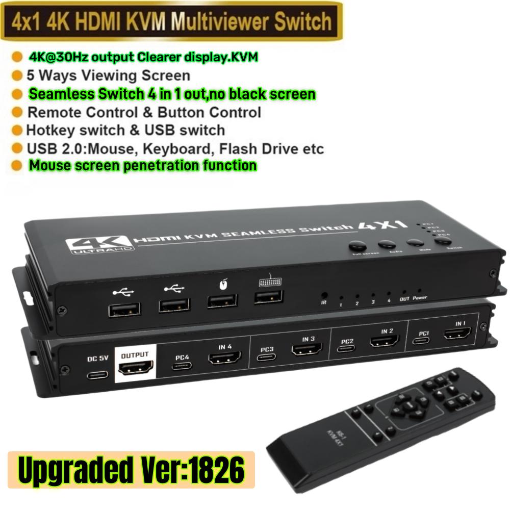 KVM HDMI 4x1 Multiviewer Switch 4K HDMI KVM 4 in 1 Out Seamless Quad Multi-viewer Video Cutting Segmentati Switcher for 4 PC