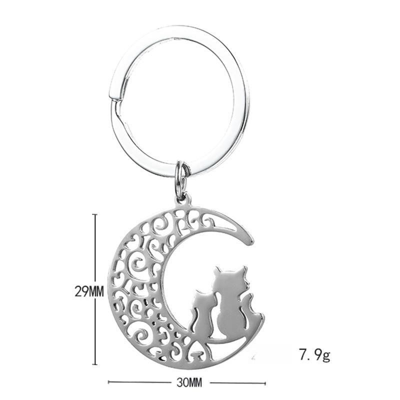 Cartoon Moon Cat Stainless Steel Keychain Sweet Snuggling Kitten Design Fashion Couple Pendant Practical Daily Bag Charm