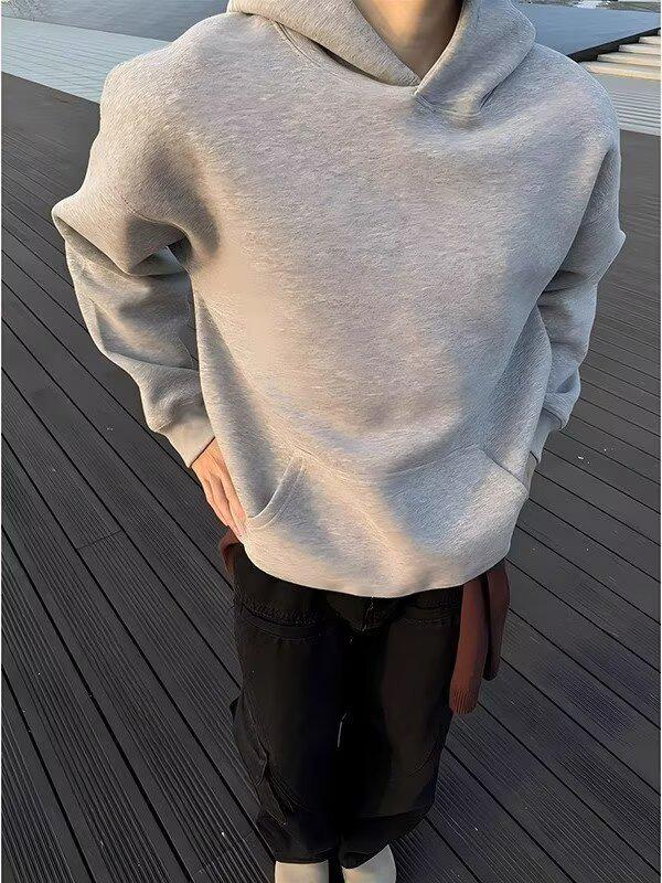 Men's Light Gray Heavyweight Hoodie - Casual Loose Fit, Trendy American Style, Autumn/Winter.